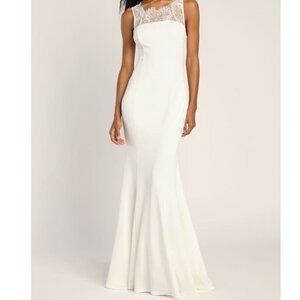 Lulus True Passion White Lace V-Back Mermaid Maxi Wedding Dress Small NWT